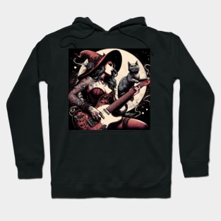 Music Trendy Witch Guitarist With Black Cat Hoodie